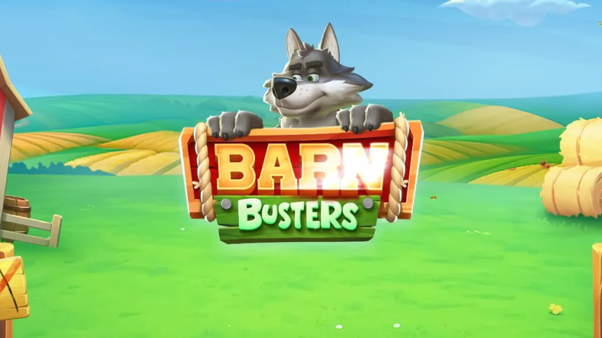 Cenário rural do jogo de slot Barn Busters com elementos de celeiro e o lobo