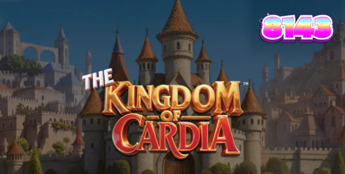Cenário mágico e colorido do slot The Kingdom of Cardia com elementos de cartas de baralho.